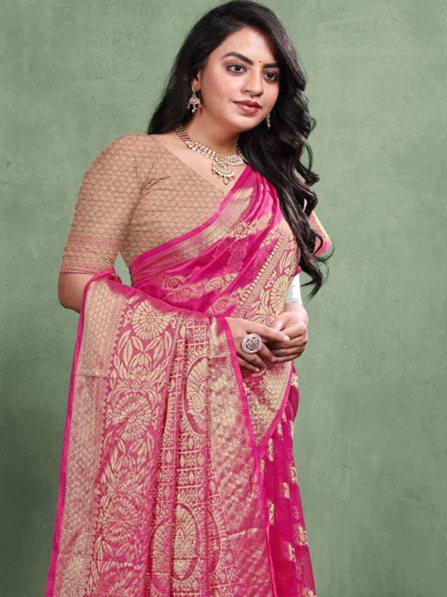 Magenta Organza Silk Handwoven Zari Bridal Reception Festival Wedding Fancy Heavy Border Saree