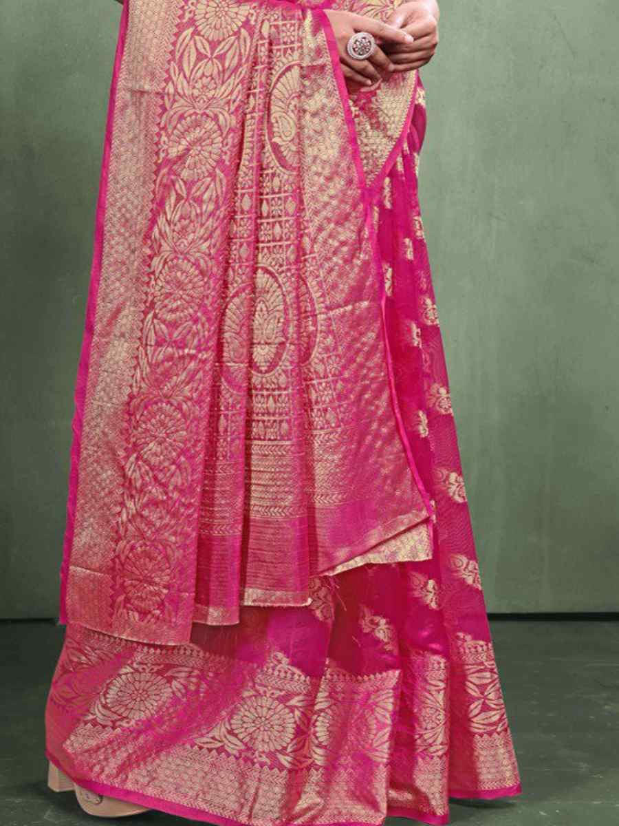 Magenta Organza Silk Handwoven Zari Bridal Reception Festival Wedding Fancy Heavy Border Saree