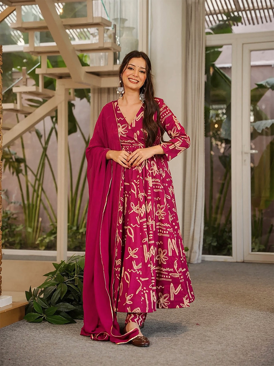 Magenta Pink Maslin Digital Printed Wedding Party Festival Casual Ready Anarkali Palazzo Pant Salwar Kameez