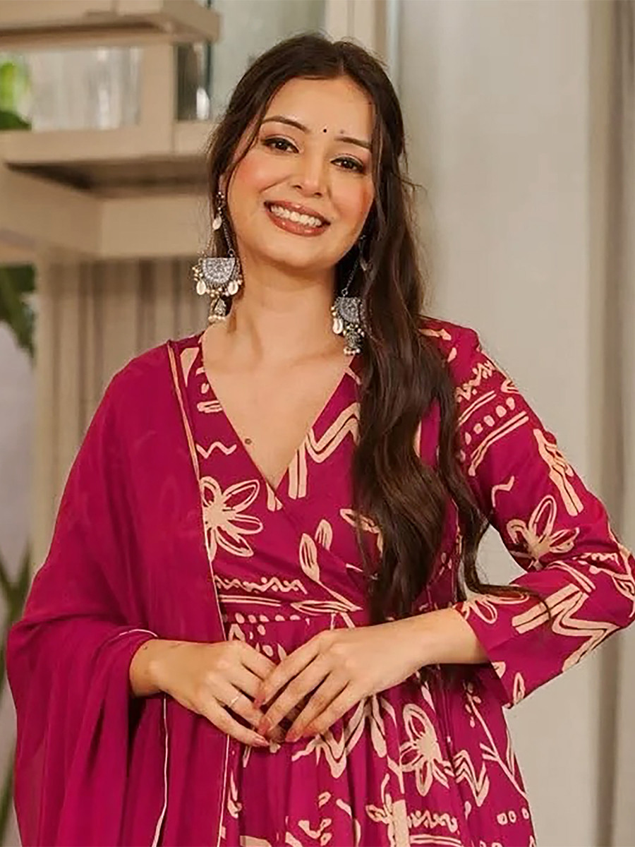 Magenta Pink Maslin Digital Printed Wedding Party Festival Casual Ready Anarkali Palazzo Pant Salwar Kameez