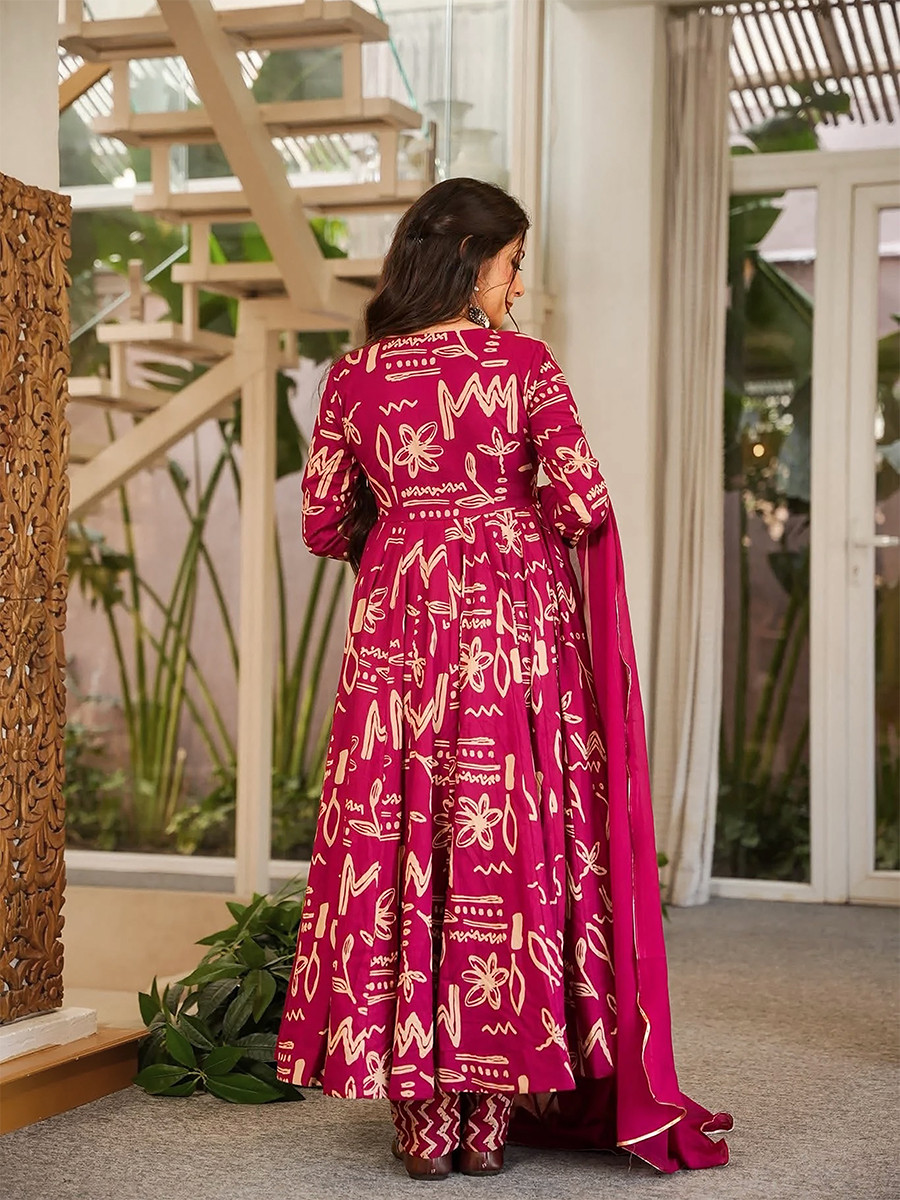 Magenta Pink Maslin Digital Printed Wedding Party Festival Casual Ready Anarkali Palazzo Pant Salwar Kameez