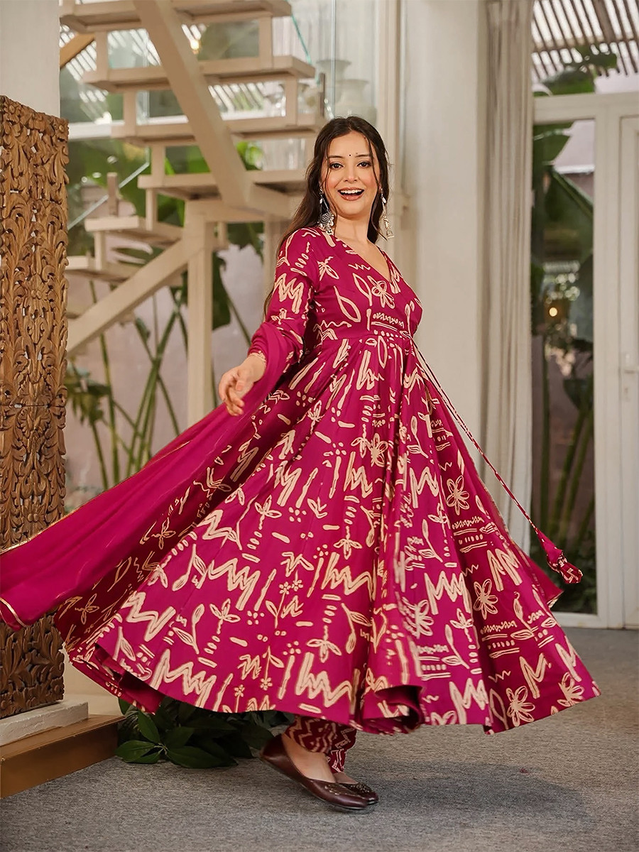 Magenta Pink Maslin Digital Printed Wedding Party Festival Casual Ready Anarkali Palazzo Pant Salwar Kameez