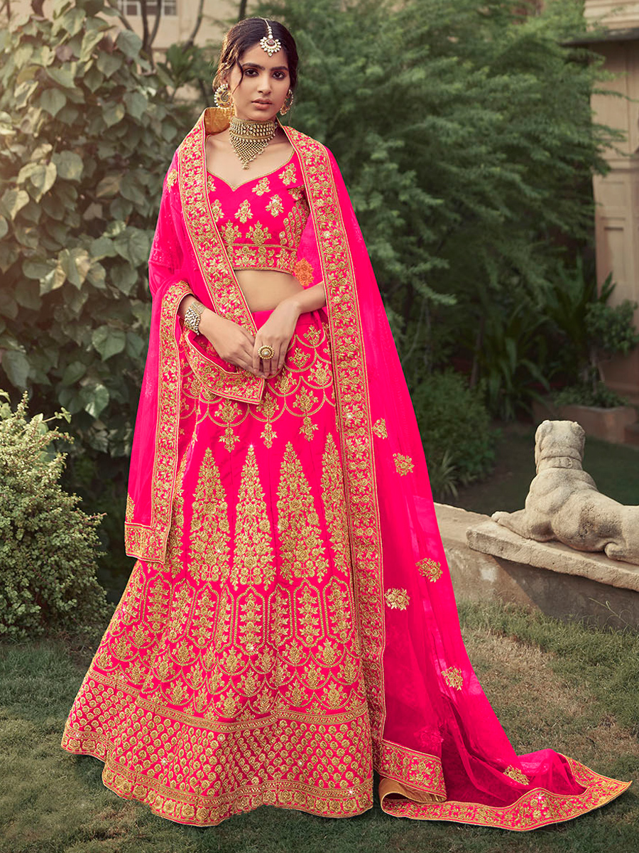 Magenta Pink Satin Embroidered Bridal Lehenga Choli