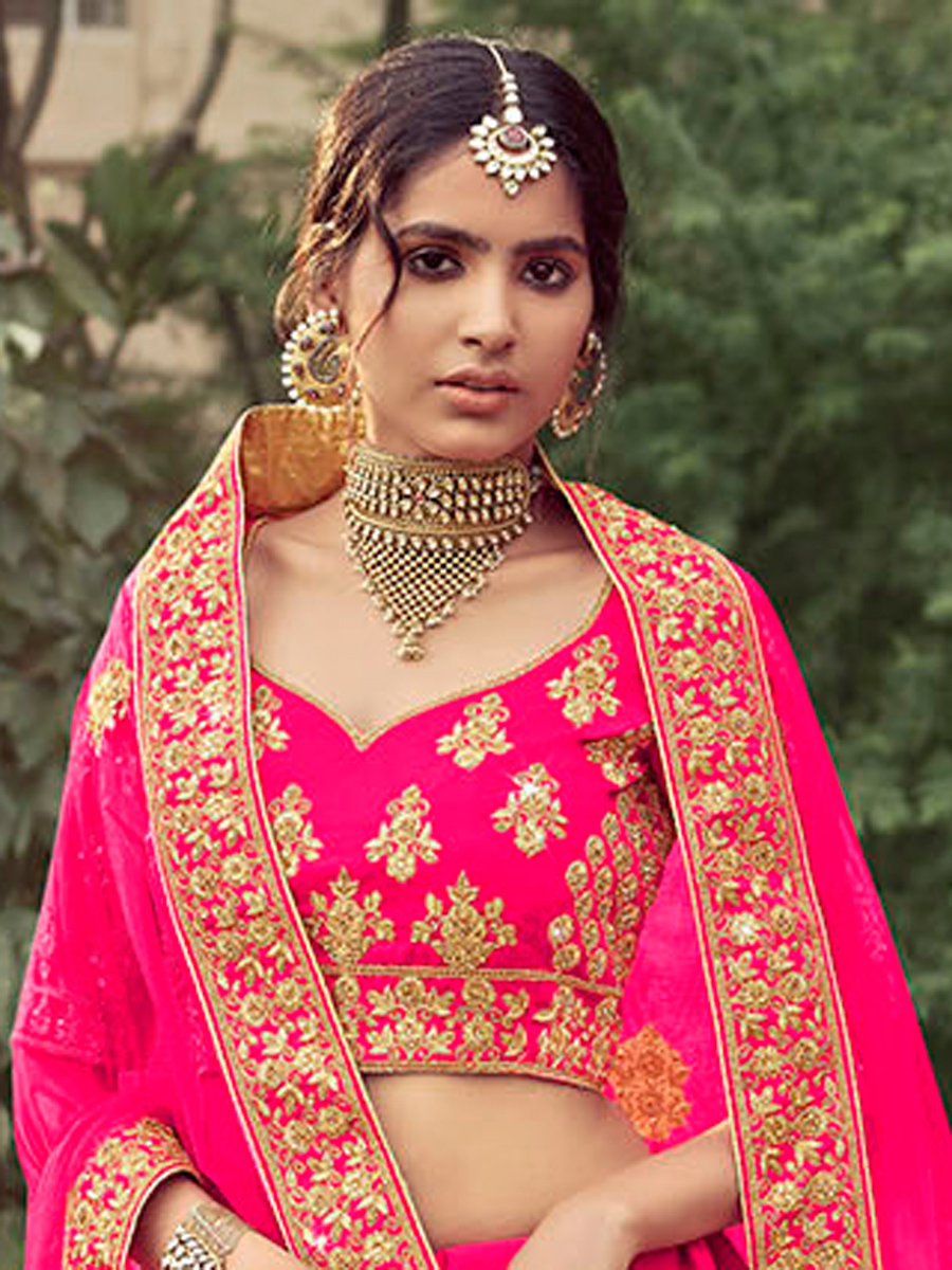 Magenta Pink Satin Embroidered Bridal Lehenga Choli