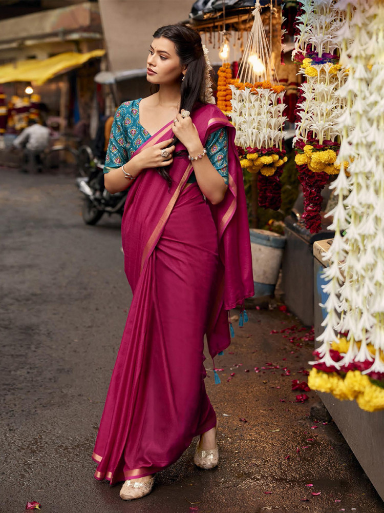 Image of Magenta Pink Silk Plain Casual Party Festival Wedding Fancy Classic Style Sarees
