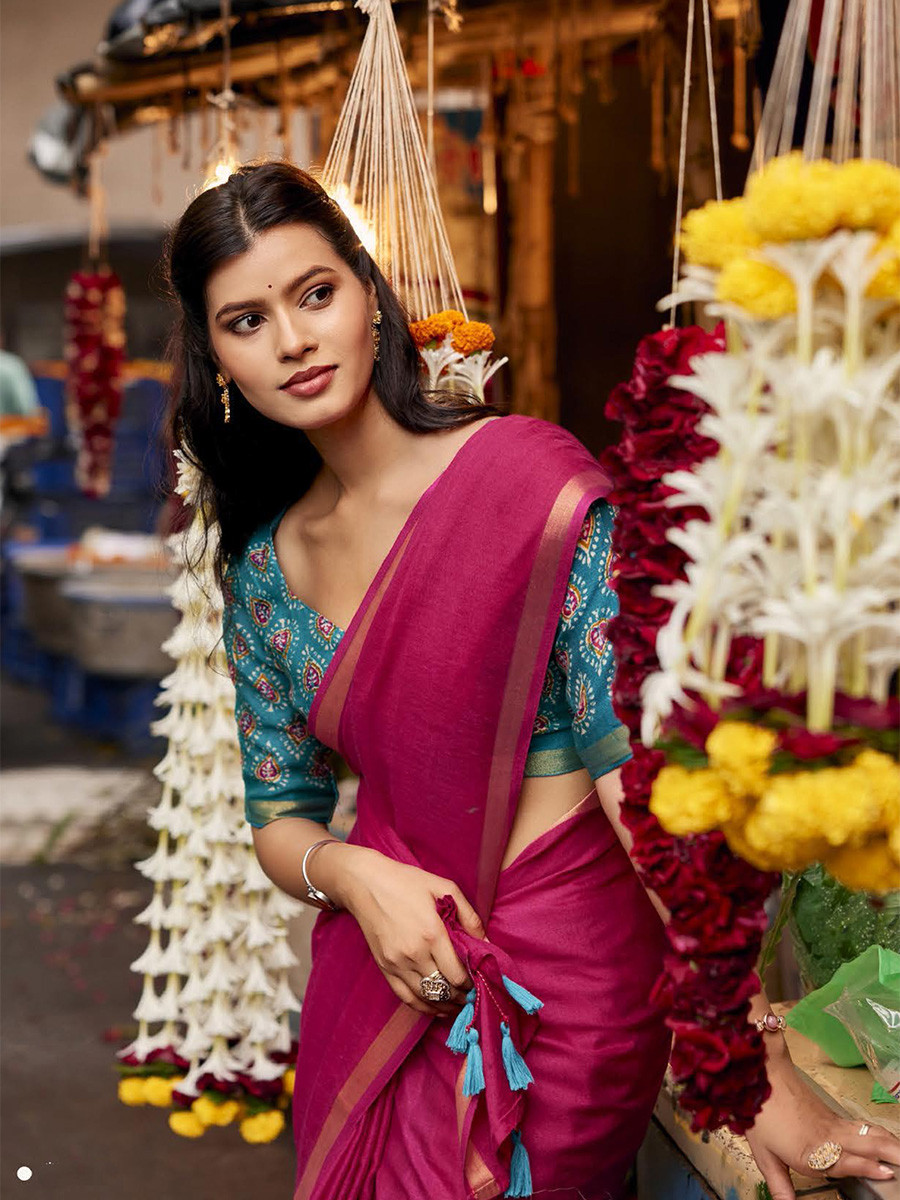 Magenta Pink Silk Plain Casual Party Festival Wedding Fancy Classic Style Sarees