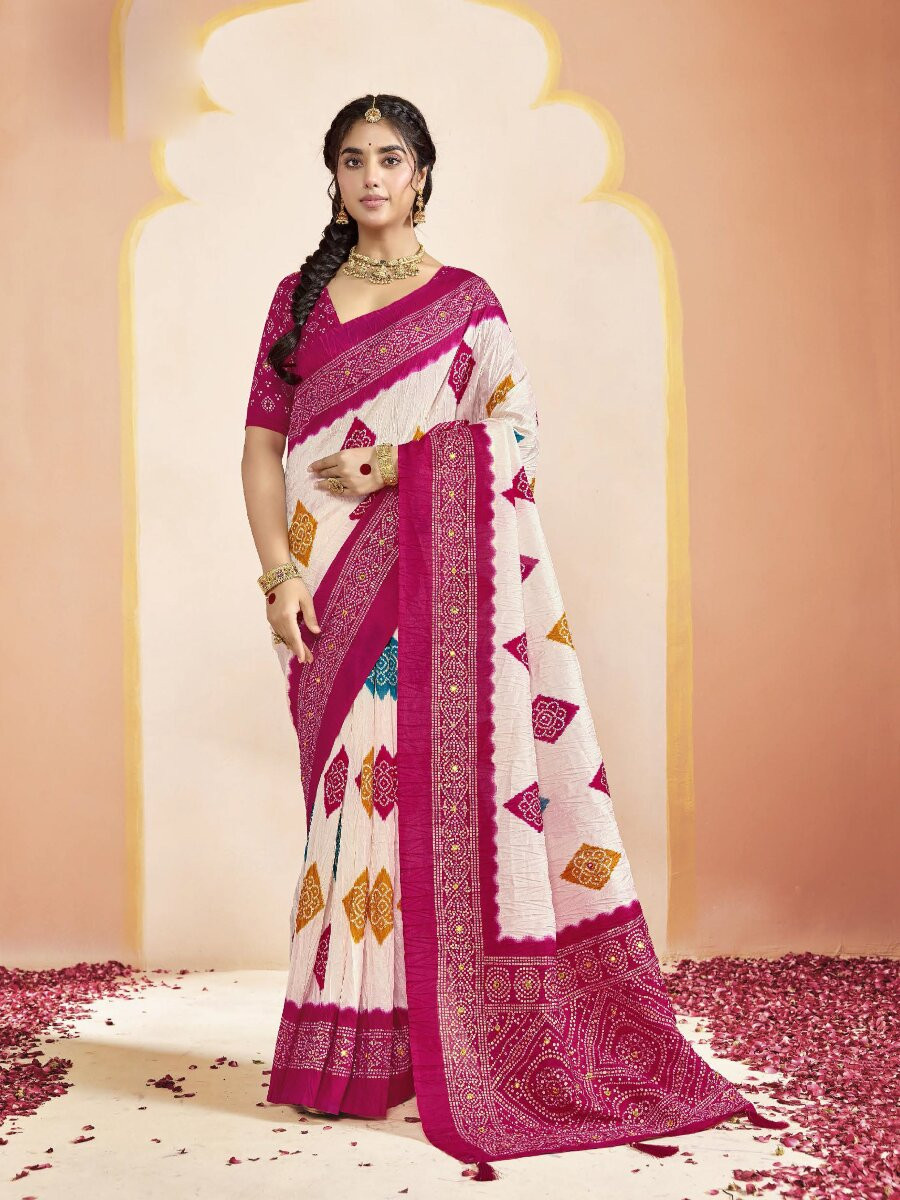 Magenta Pink Silk Printed Stone Work Wedding Reception Party Festival Casual Heavy Border Sarees