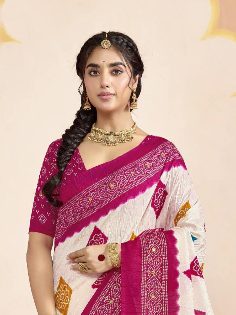 Magenta Pink Silk Printed Stone Work Wedding Reception Party Festival Casual Heavy Border Sarees
