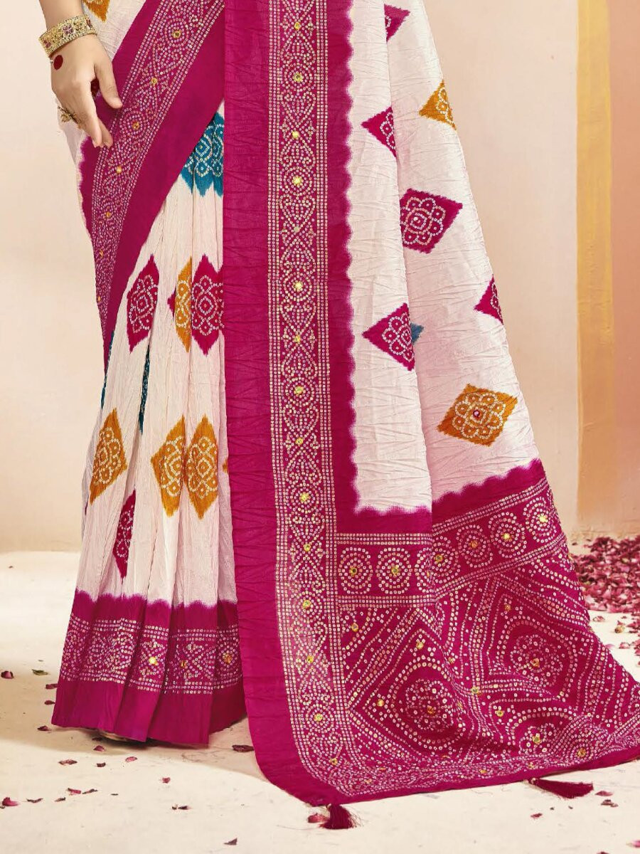 Magenta Pink Silk Printed Stone Work Wedding Reception Party Festival Casual Heavy Border Sarees