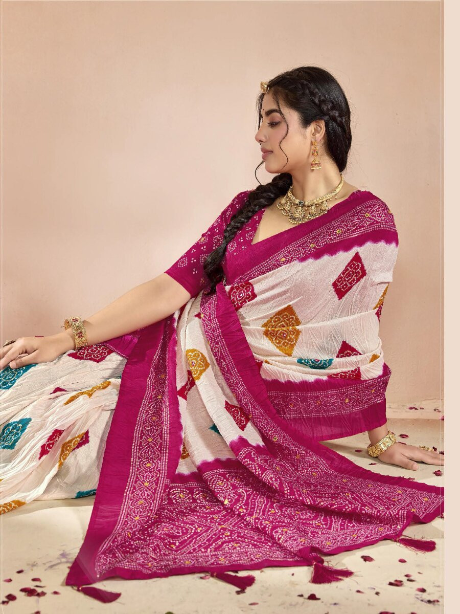 Magenta Pink Silk Printed Stone Work Wedding Reception Party Festival Casual Heavy Border Sarees