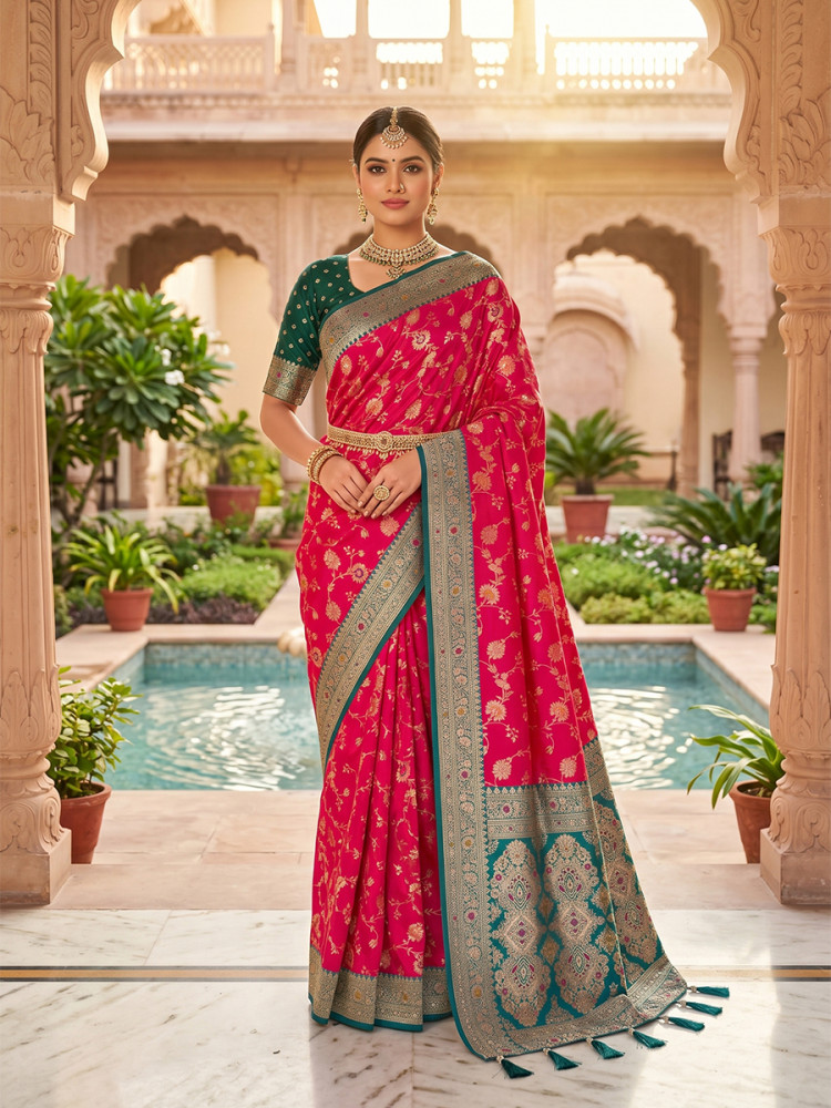 Image of Magenta Pink Soft Banarasi Silk Zari Weaving Meenakari Touchup Wedding Reception Party Festival Casual Heavy Border Sarees