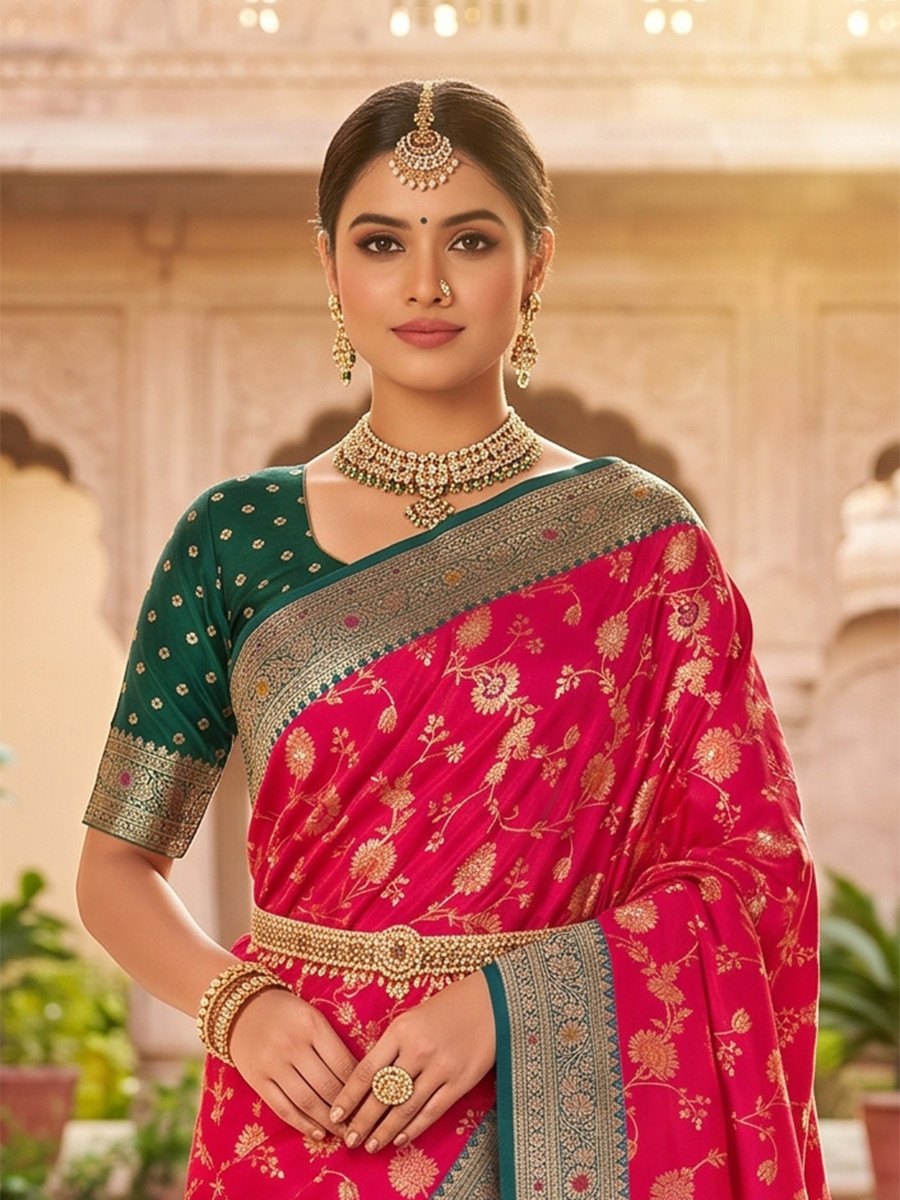 Magenta Pink Soft Banarasi Silk Zari Weaving Meenakari Touchup Wedding Reception Party Festival Casual Heavy Border Sarees