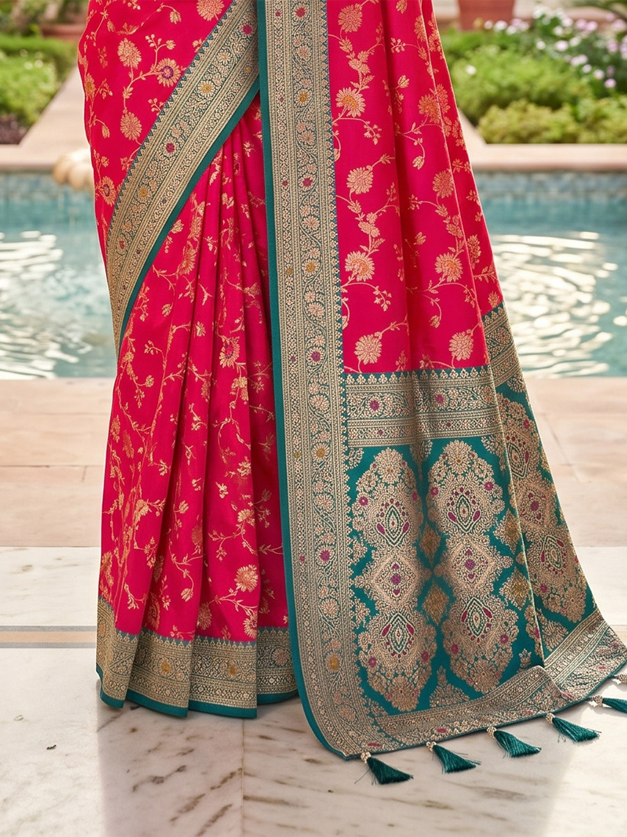 Magenta Pink Soft Banarasi Silk Zari Weaving Meenakari Touchup Wedding Reception Party Festival Casual Heavy Border Sarees