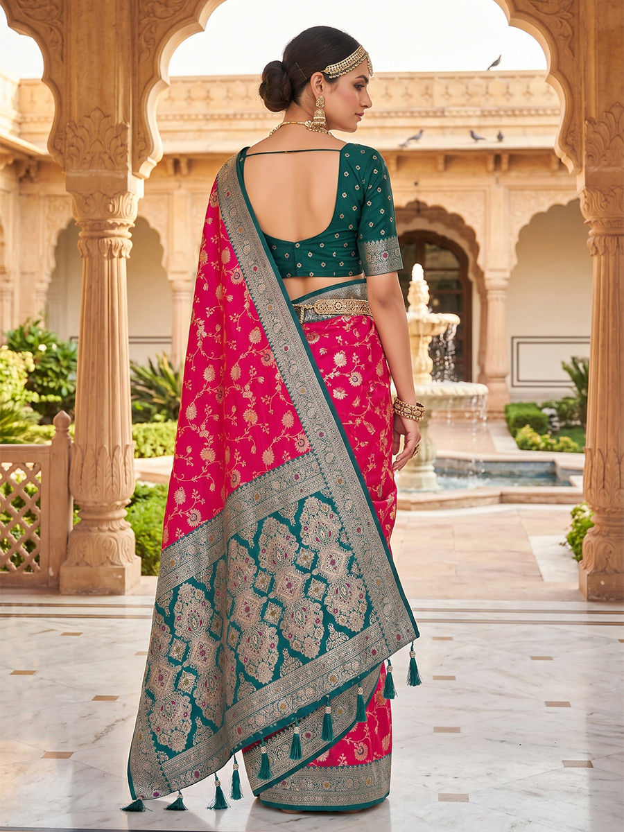 Magenta Pink Soft Banarasi Silk Zari Weaving Meenakari Touchup Wedding Reception Party Festival Casual Heavy Border Sarees