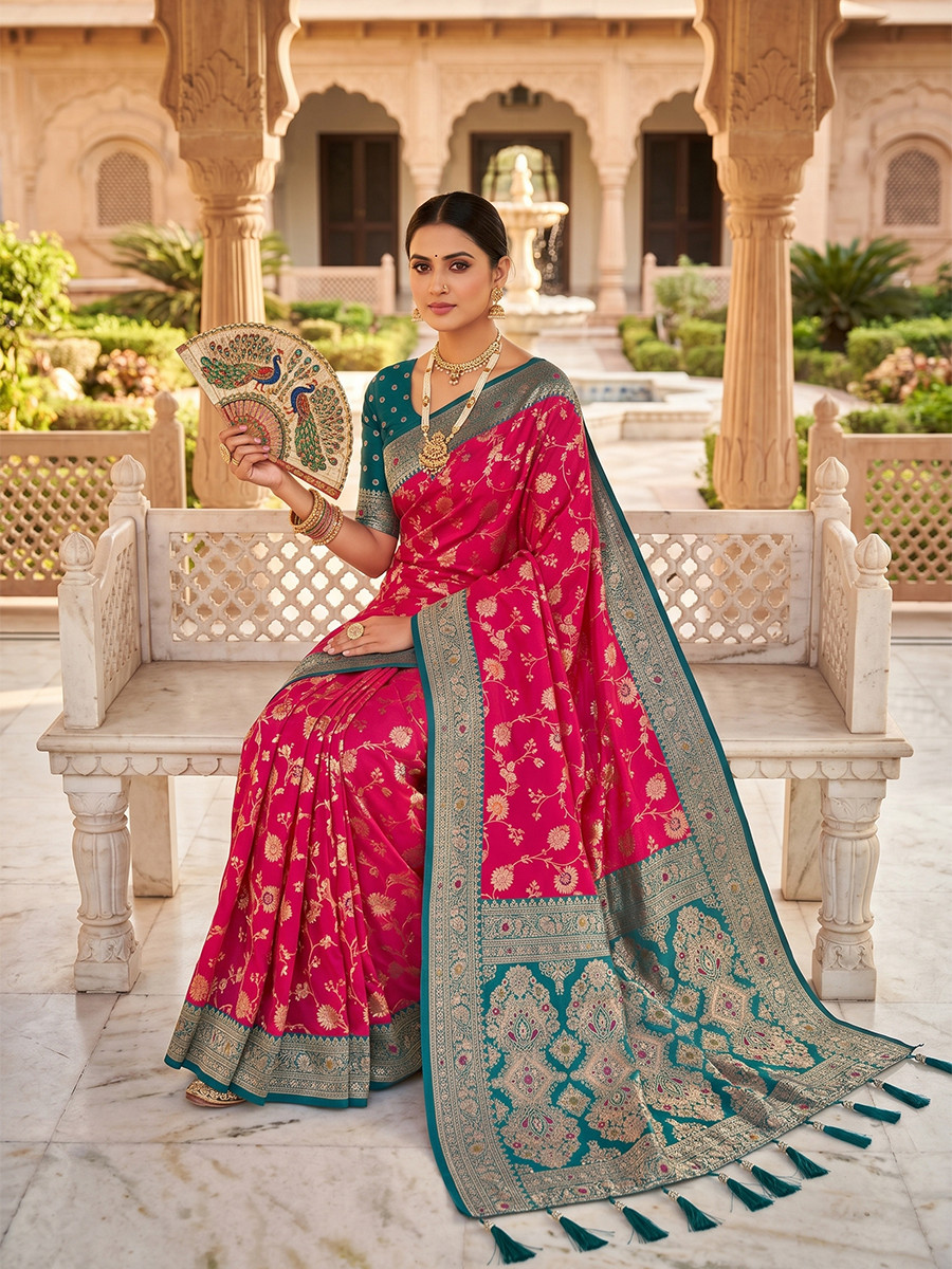 Magenta Pink Soft Banarasi Silk Zari Weaving Meenakari Touchup Wedding Reception Party Festival Casual Heavy Border Sarees