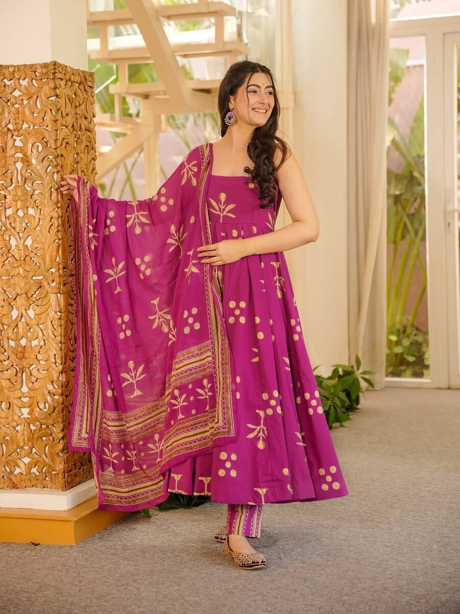 Magenta Printed Wedding Party Festival Casual Ready Anarkali Palazzo Pant Salwar Kameez