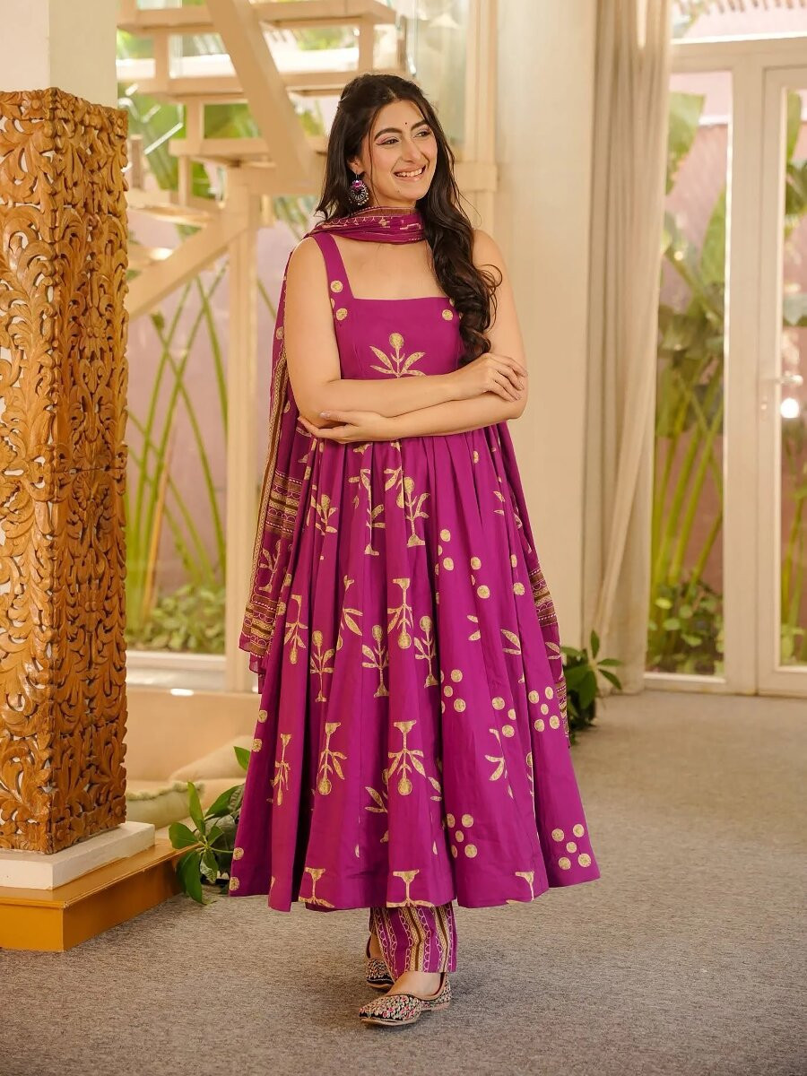 Magenta Printed Wedding Party Festival Casual Ready Anarkali Palazzo Pant Salwar Kameez