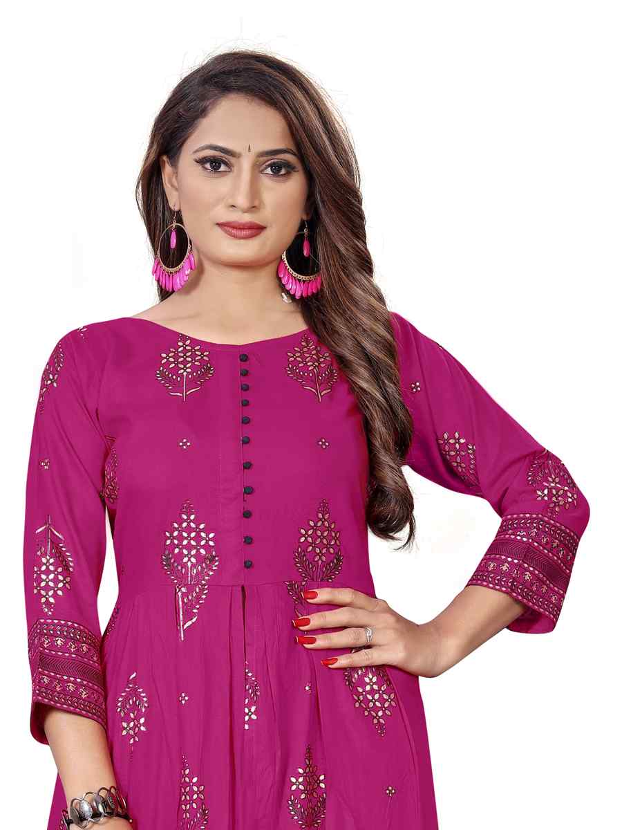 Magenta Pure 14KG Rayon With A-Line Cut Printed Party Casual Gown