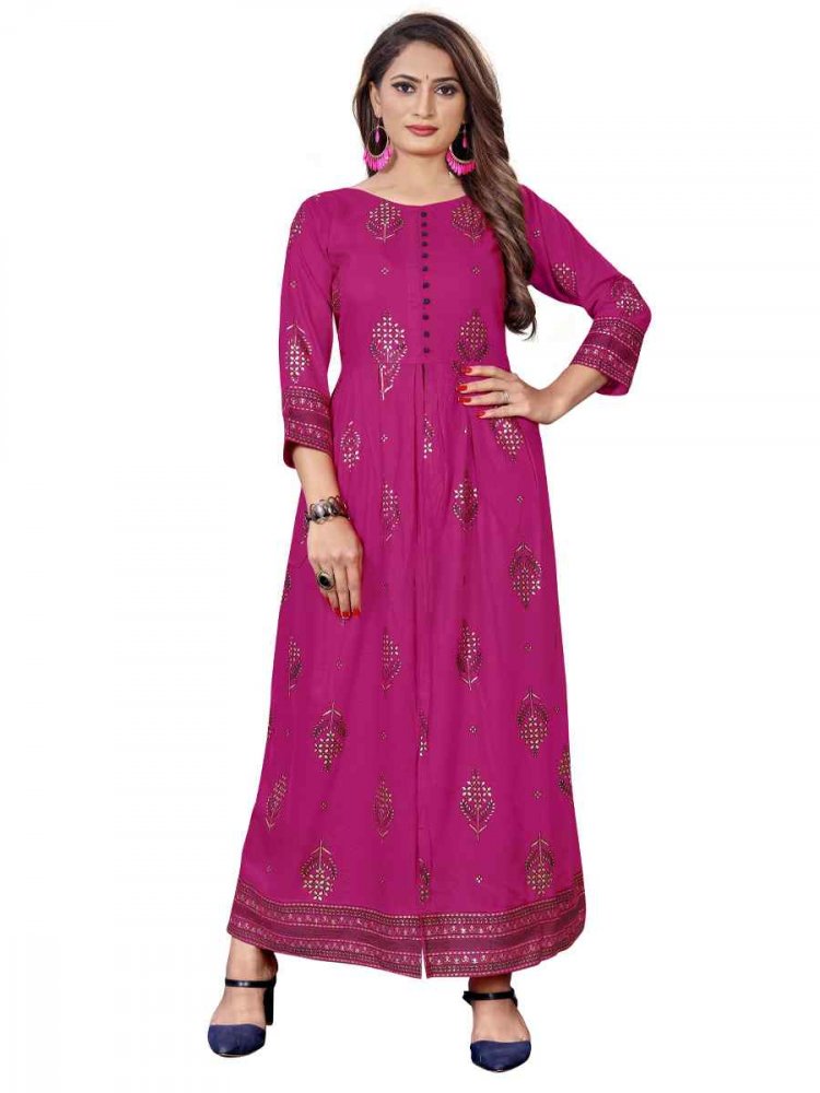 Magenta Pure 14KG Rayon With A-Line Cut Printed Party Casual Gown