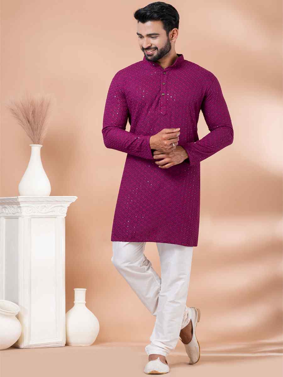 Magenta Rayon Embroidered Festival Casual Kurta