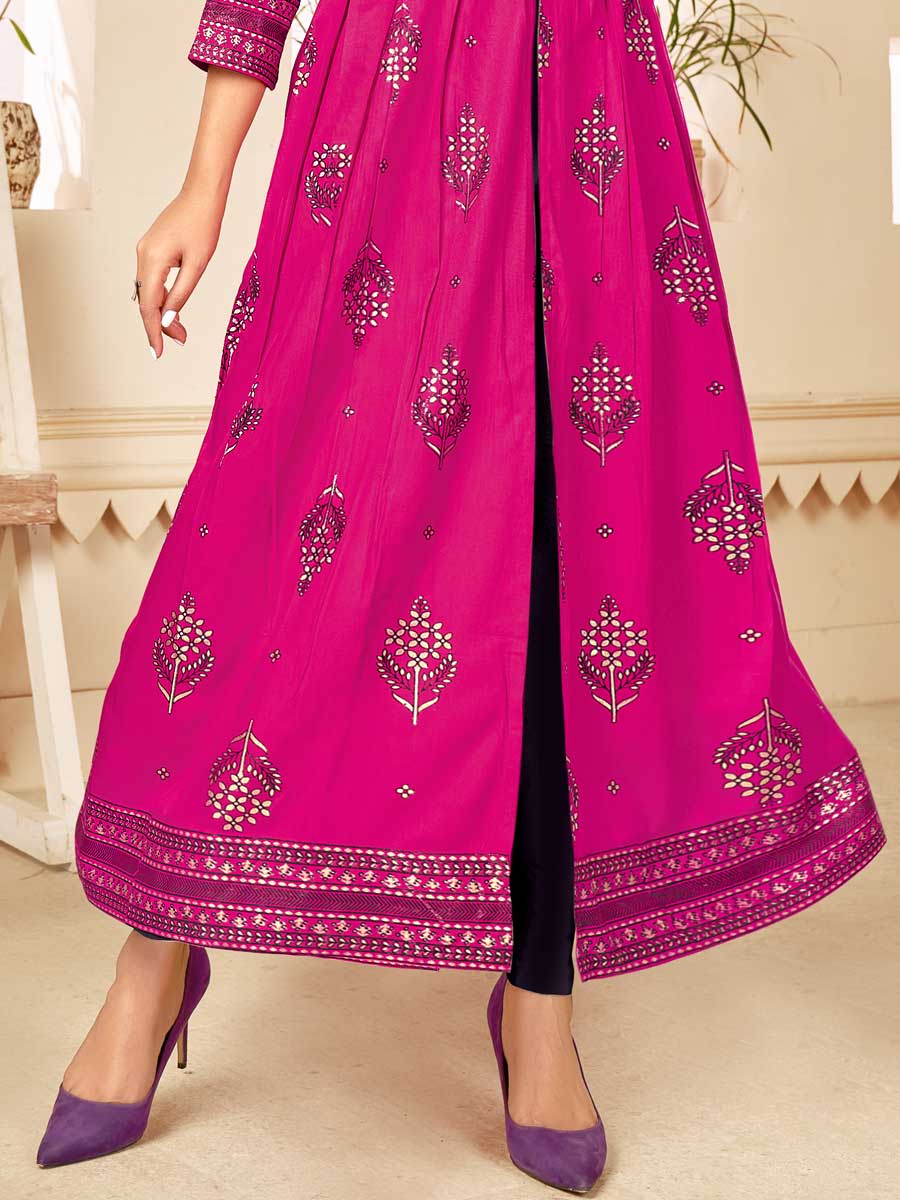 Magenta Rayon Printed Festival Gown