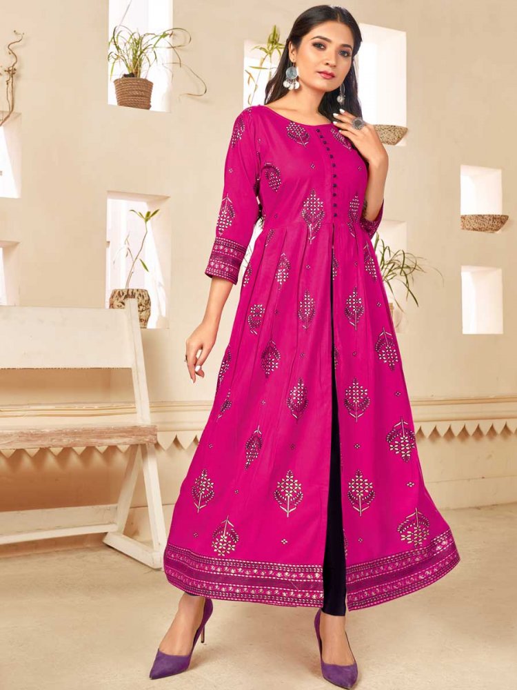 Magenta Rayon Printed Festival Gown