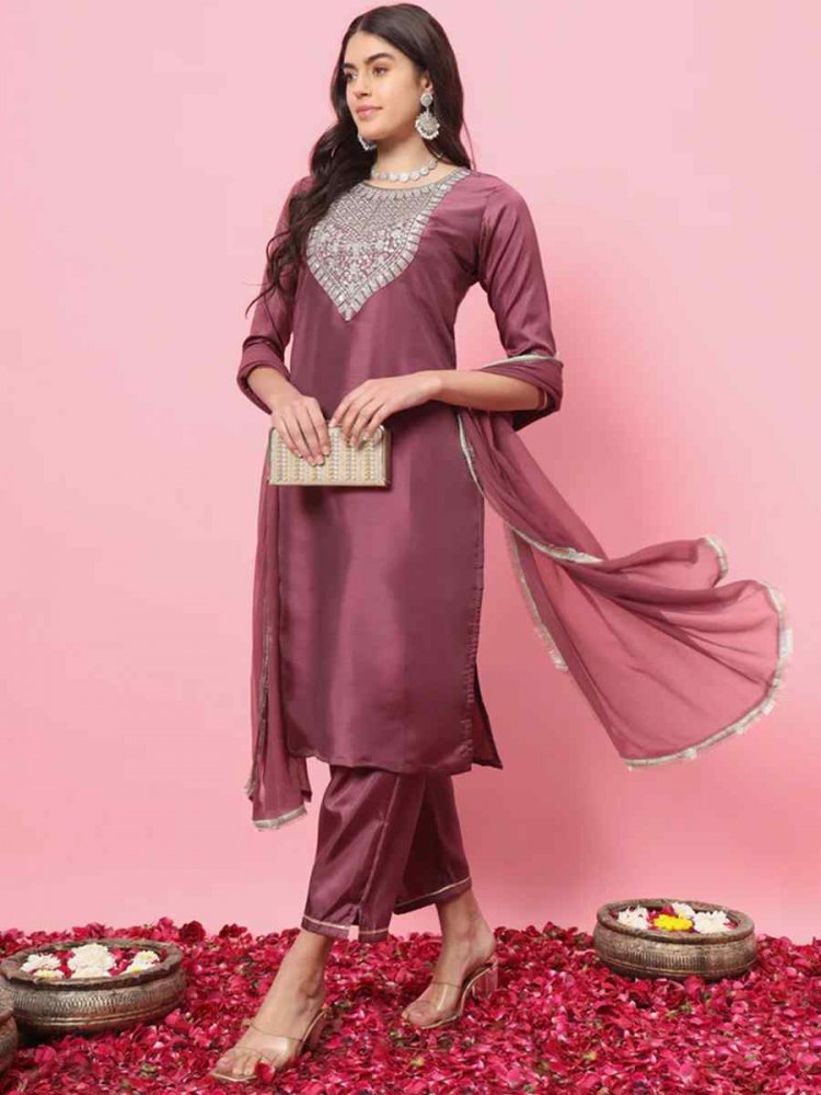 Magenta Silk Blend Embroidered Festival Casual Ready Pant Salwar Kameez