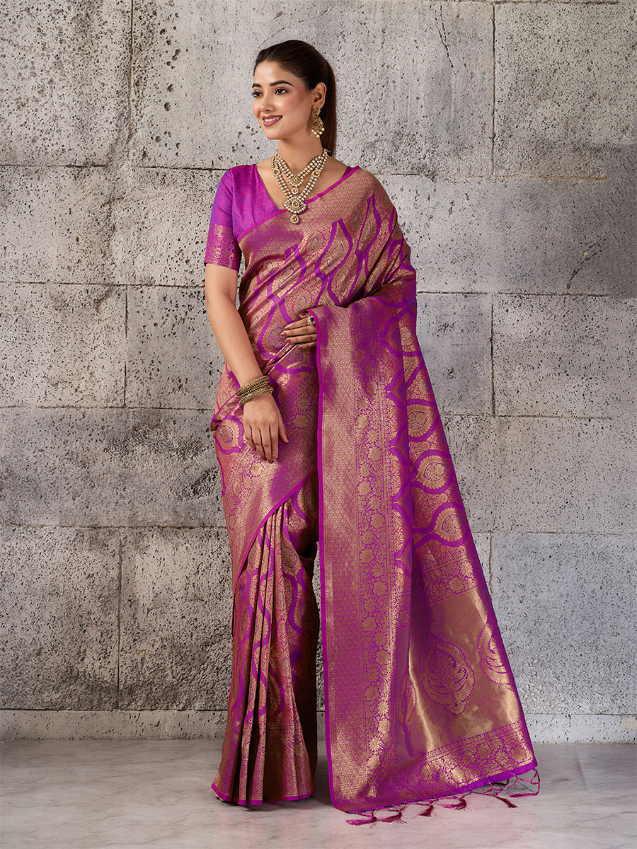 Magenta Silk Blend Kanjivaram Wedding Reception Party Festival Casual Heavy Border Sarees