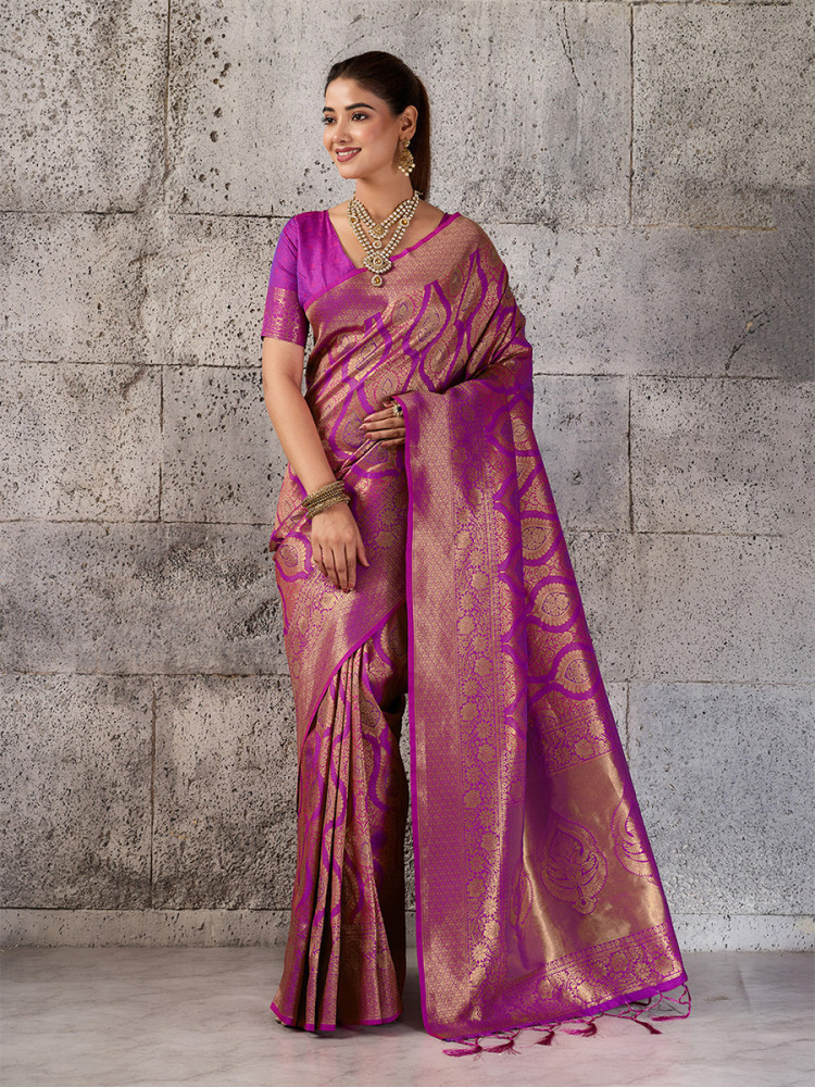 Image of Magenta Silk Blend Kanjivaram Wedding Reception Party Festival Casual Heavy Border Sarees