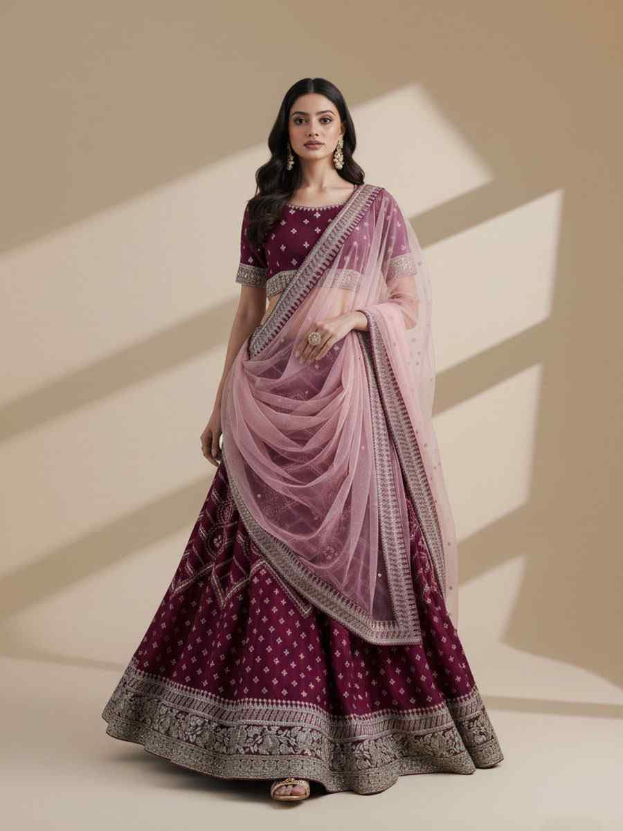 Magenta Silk Georgette Embroidered Wedding Reception Festival Heavy Border Lehenga Choli