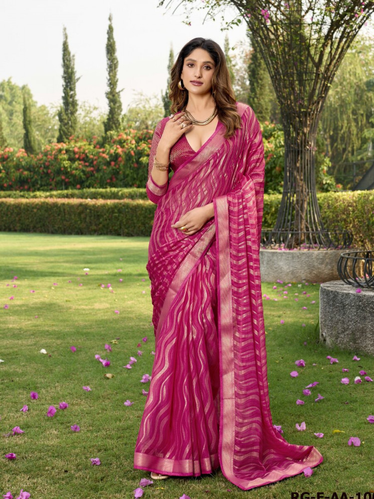 Image of Magenta Silk Printed Wedding Reception Party Festival Casual Heavy Border Sarees