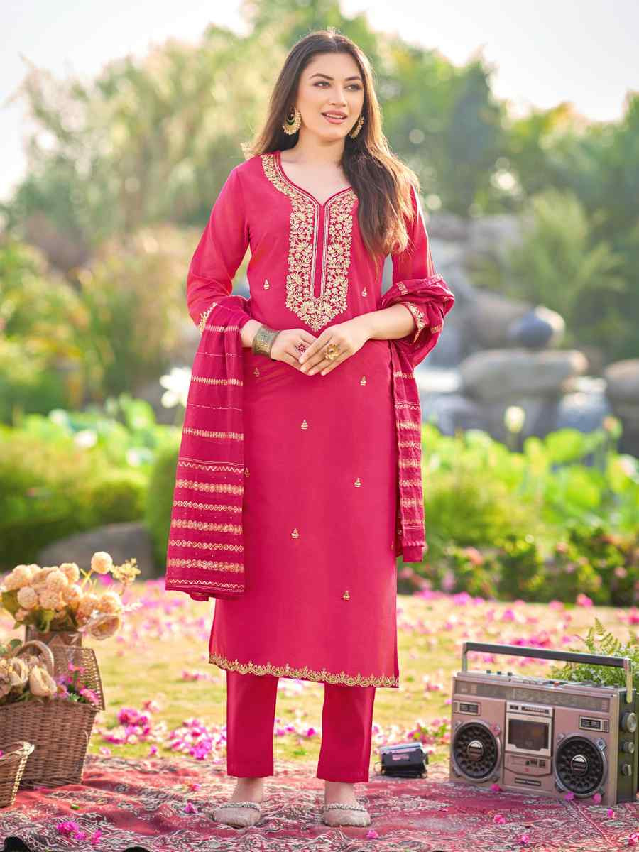 Magenta Simmer Silk Embroidered Party Wedding Ready Pant Salwar Kameez