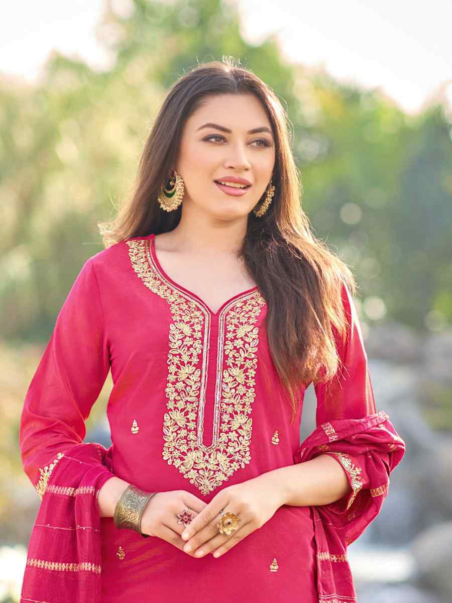 Magenta Simmer Silk Embroidered Party Wedding Ready Pant Salwar Kameez