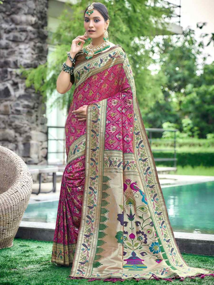 Magenta Soft Banarsi Katan Silk Handwoven Wedding Festival Heavy Border Saree