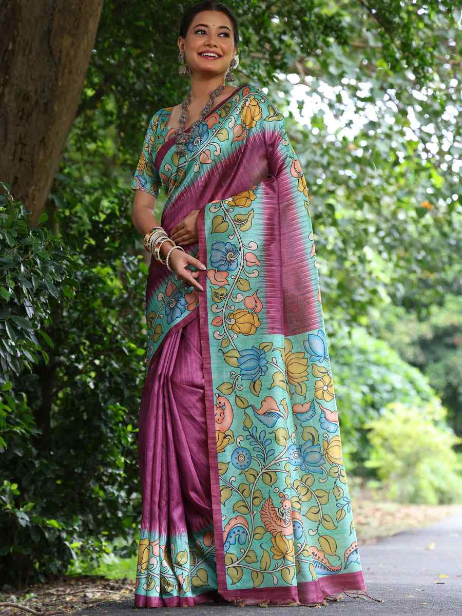Magenta Soft Tussar Silk Printed Casual Reception Festival Wedding Fancy Classic Style Sarees