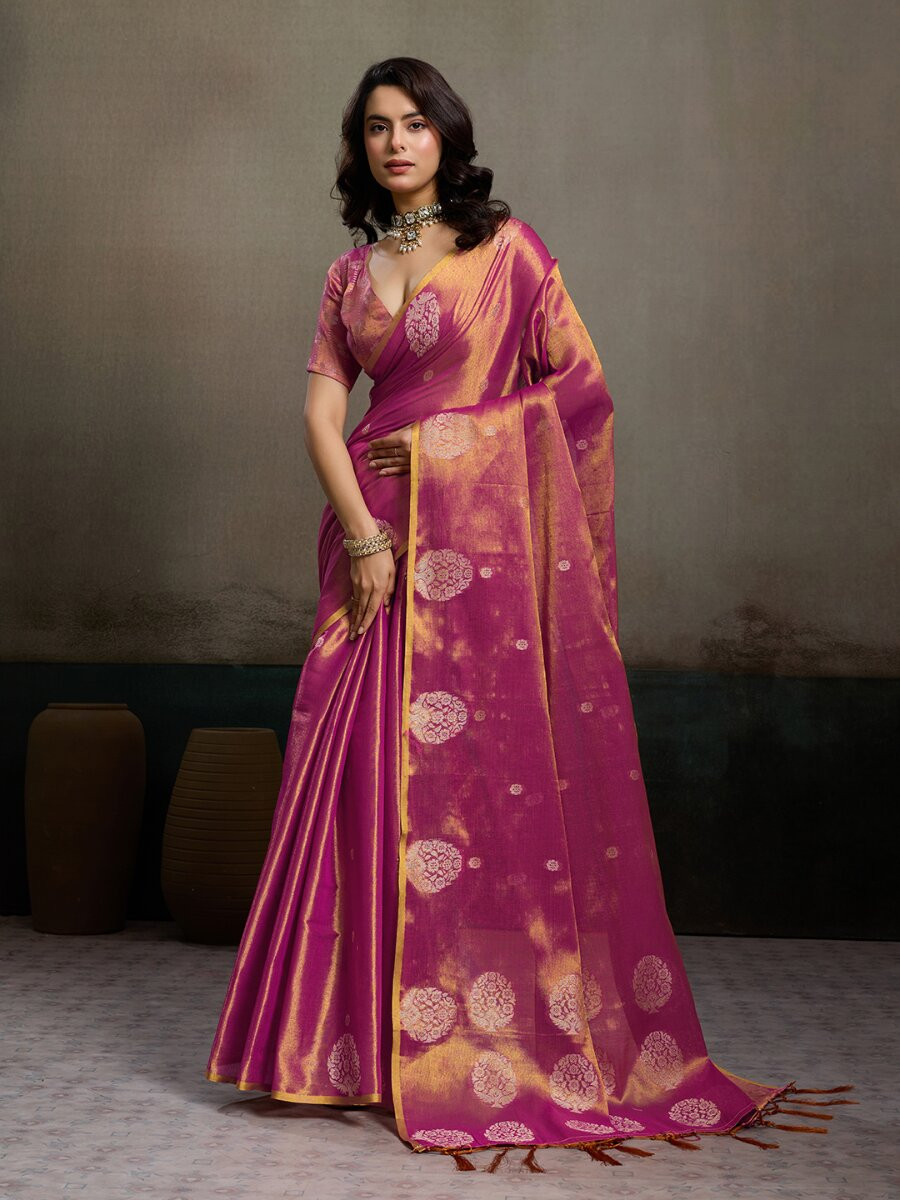 Magenta Tissue Silk Handwoven Wedding Reception Party Casual Heavy Border Sarees