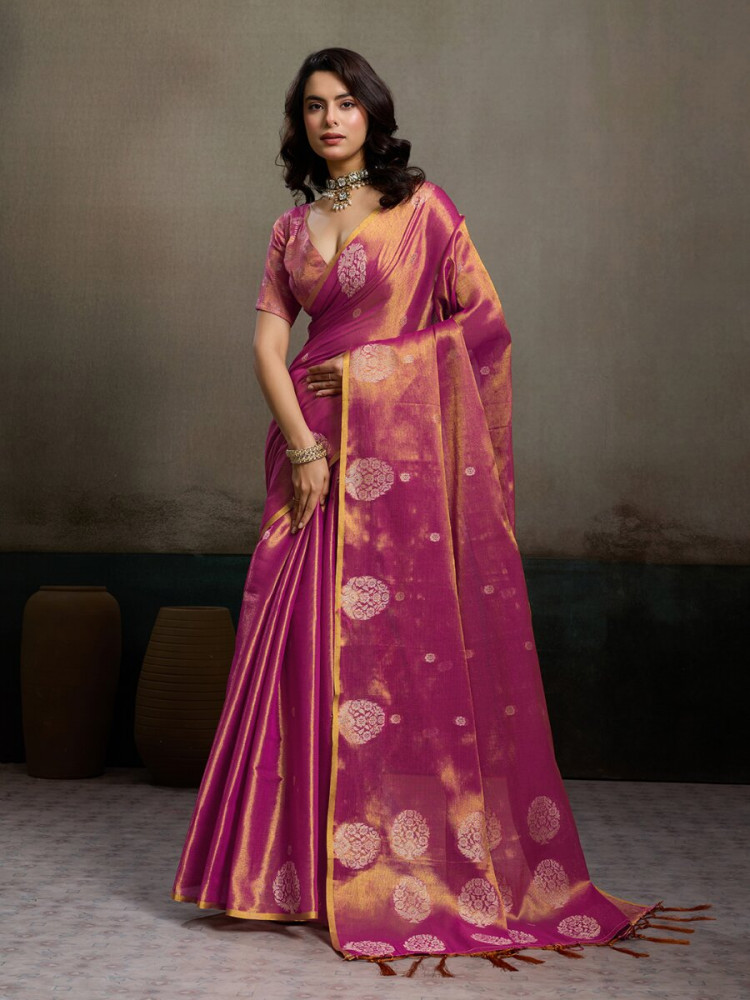 Image of Magenta Tissue Silk Handwoven Wedding Reception Party Casual Heavy Border Sarees