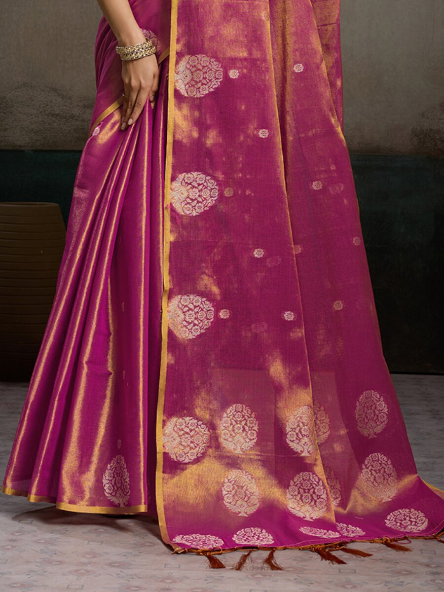 Magenta Tissue Silk Handwoven Wedding Reception Party Casual Heavy Border Sarees