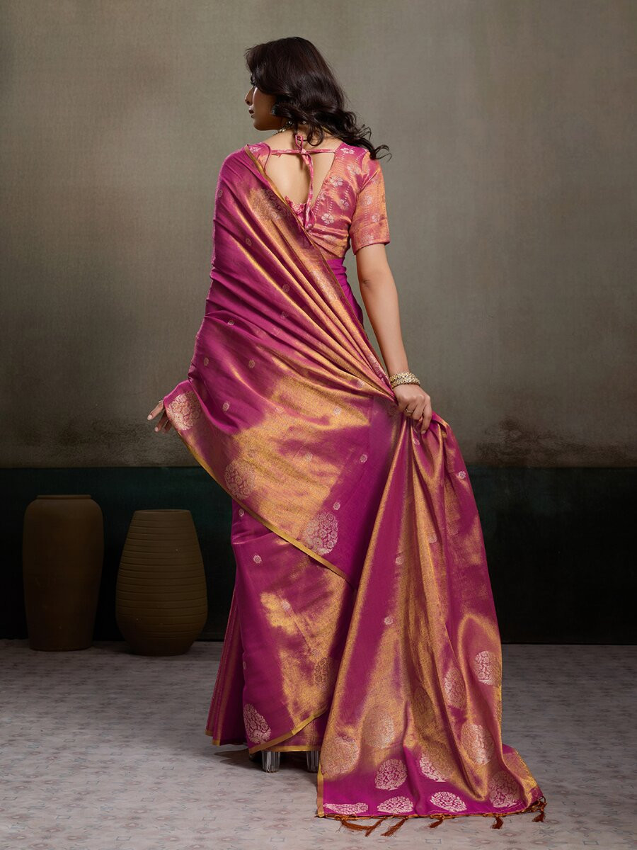 Magenta Tissue Silk Handwoven Wedding Reception Party Casual Heavy Border Sarees