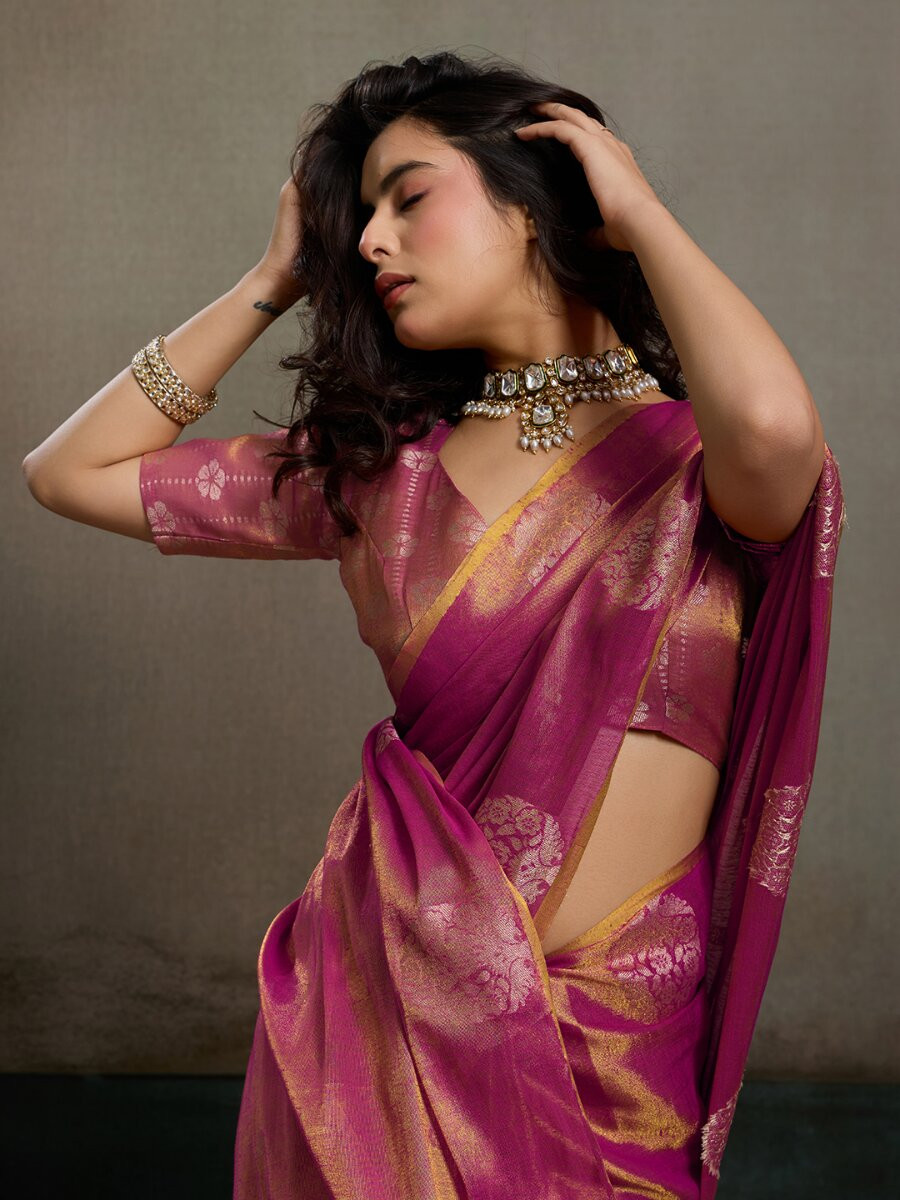 Magenta Tissue Silk Handwoven Wedding Reception Party Casual Heavy Border Sarees