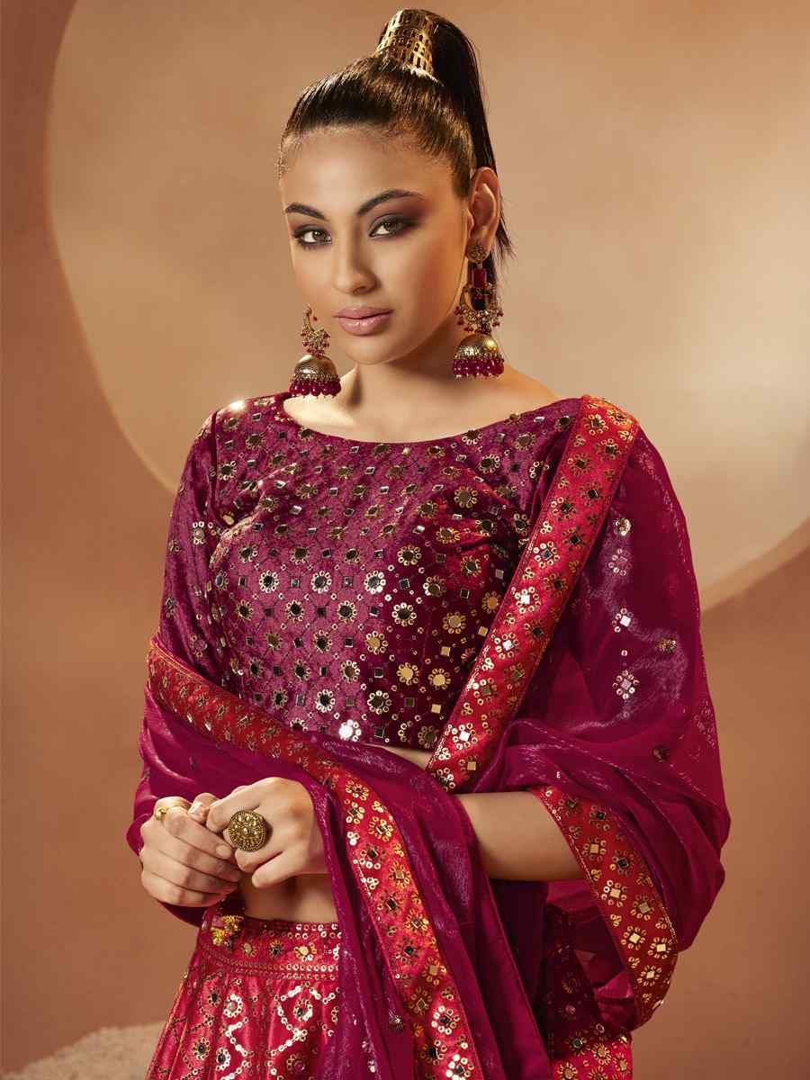 Magenta Velvet Embroidered Festival Party Wear Circular Lehenga Choli