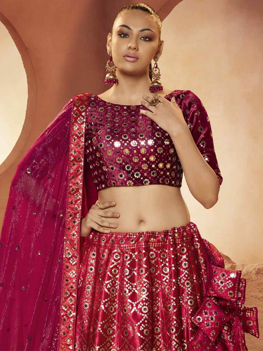 Magenta Velvet Embroidered Festival Party Wear Circular Lehenga Choli