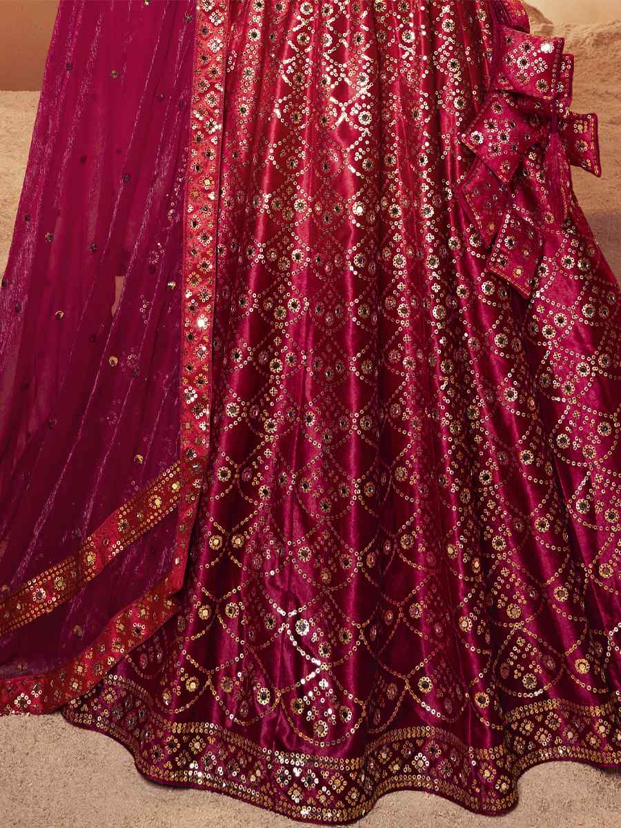 Magenta Velvet Embroidered Festival Party Wear Circular Lehenga Choli