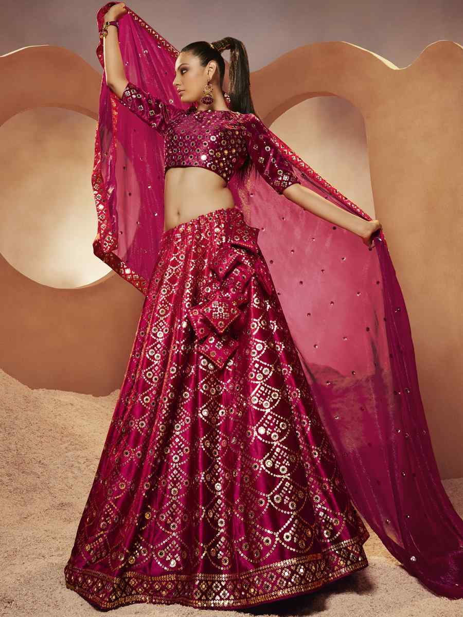 Magenta Velvet Embroidered Festival Party Wear Circular Lehenga Choli