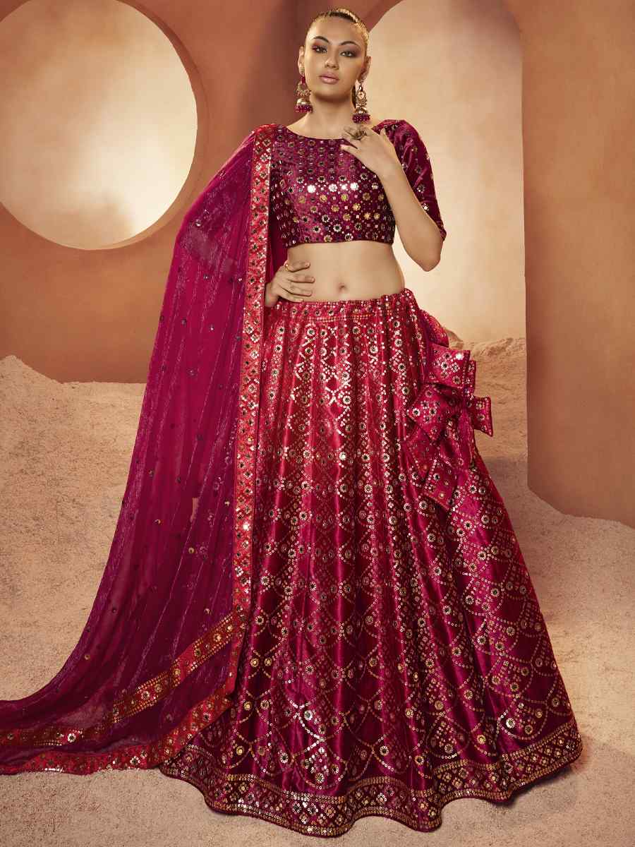 Magenta Velvet Embroidered Festival Party Wear Circular Lehenga Choli