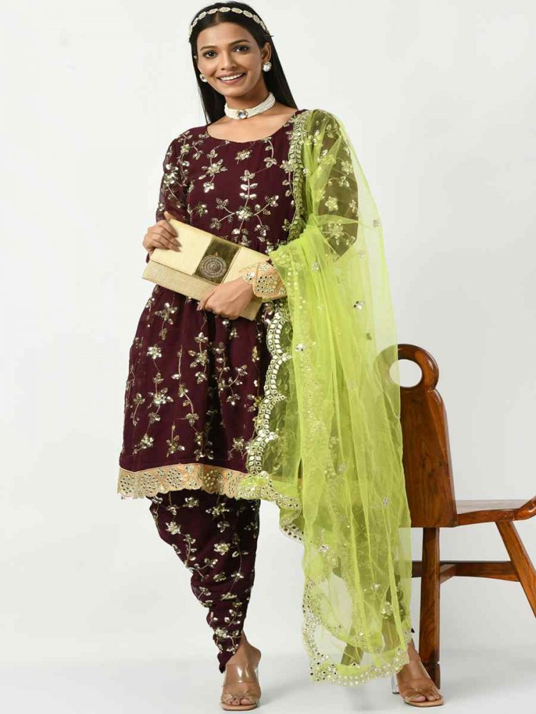 Magenta Viscose Velvet Embroidered Festival Mehendi Ready Patiala Salwar Kameez