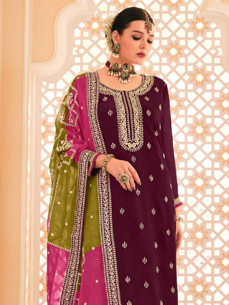 Magenta Wine Premium Organza Embroidered Festival Wedding Pant Salwar Kameez