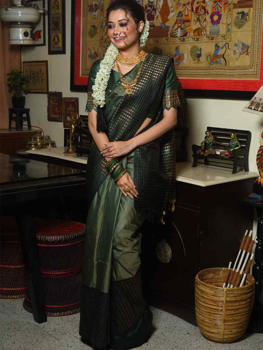 Mahendi Banarasi Silk Handwoven Wedding Festival Heavy Border Saree