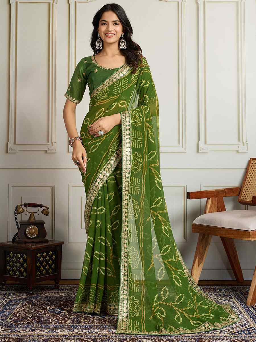 Mahendi Georgette Bhandej Print with Embroidery Party Bridal Reception Festival Wedding Fancy Heavy Border Saree