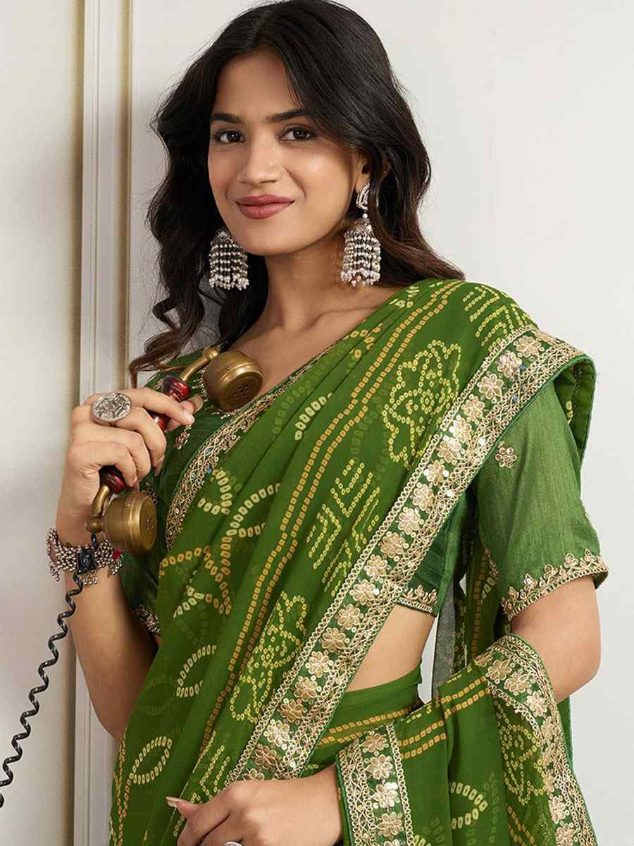 Mahendi Georgette Bhandej Print with Embroidery Party Bridal Reception Festival Wedding Fancy Heavy Border Saree